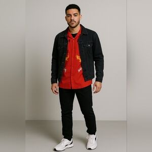 Men’s Red Koi Fish Embroidered Button Up Shirt XL